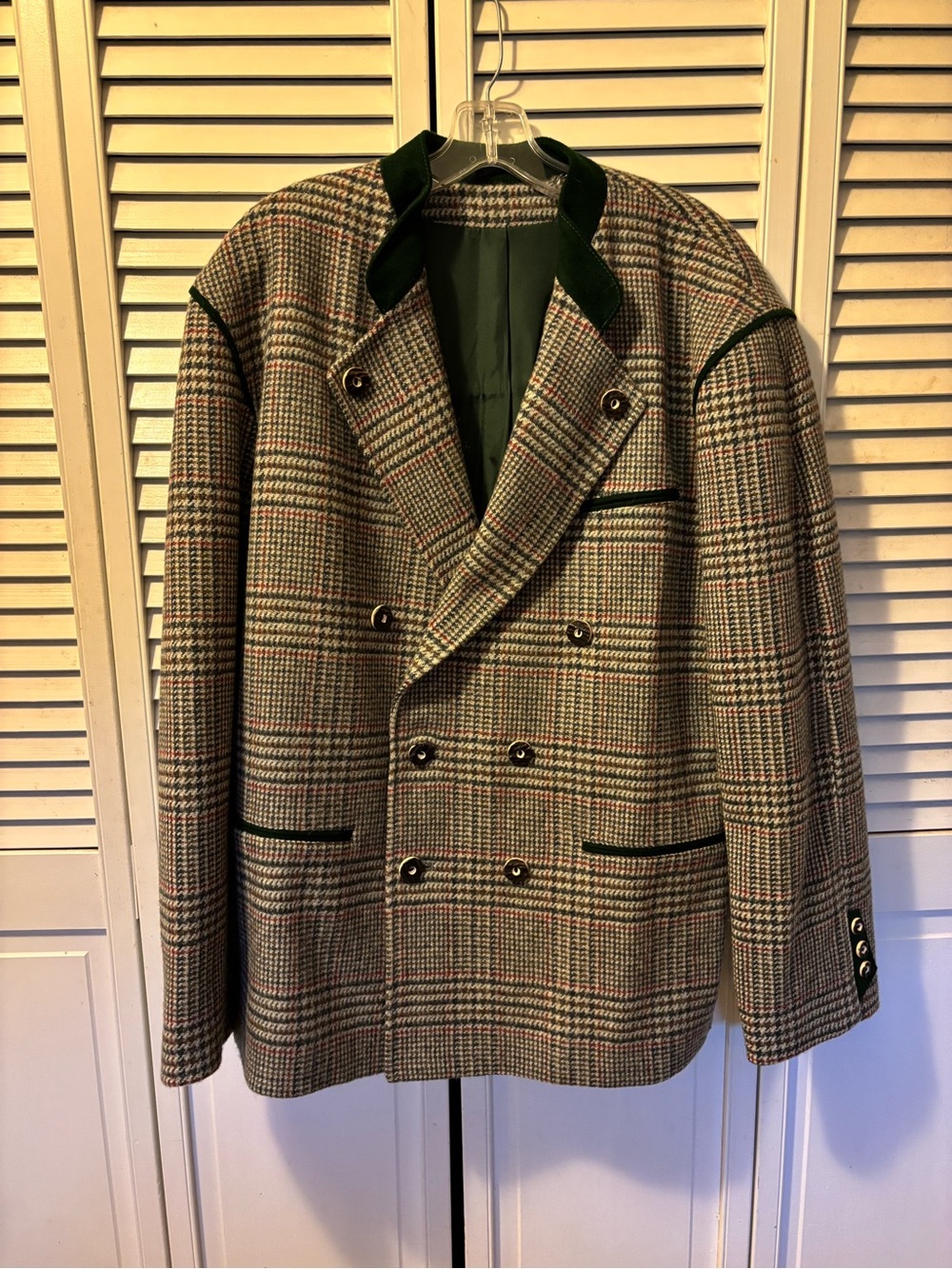 Pe-Ko Double-Breasted Plaid Blazer with Dark Green Trim